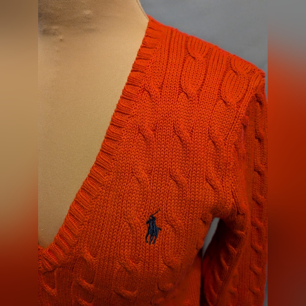 RALPH LAUREN SPORT Coral Pink Cable Knit V- Neck Sweater XL - Picture 2 of 8
